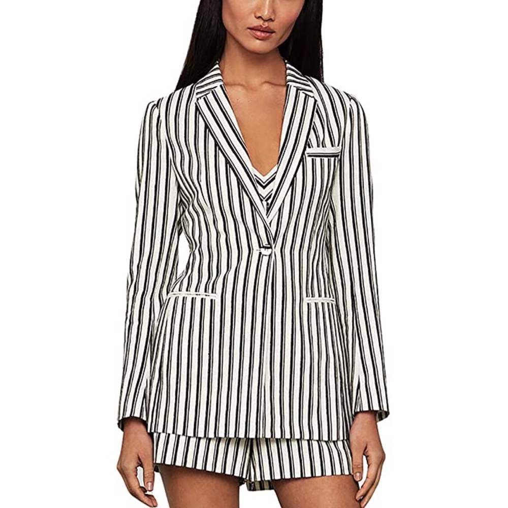 BCBGMaxAzria Cotton Linen Striped Black/White Women Blazer